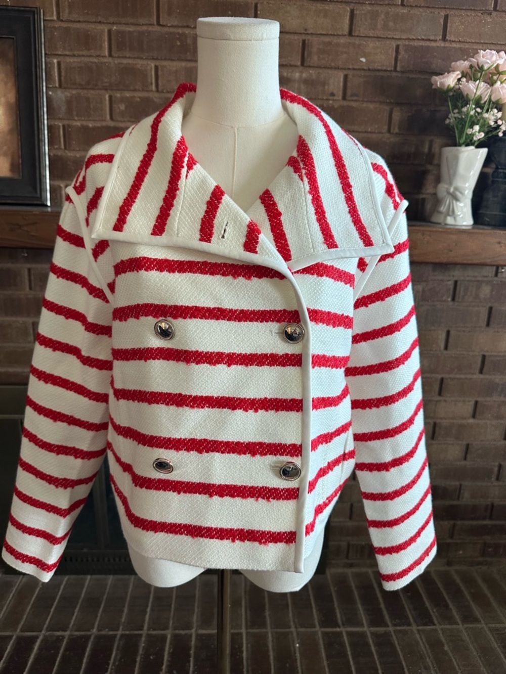 Ann Taylor Red White Striped Double Breasted Boucl Jacket Mp Petite Medium